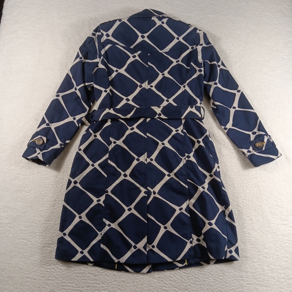 Boden Trench Coat Womens 8 Blue Cream Double Breasted  Belted Geometric - Picture 6 of 11